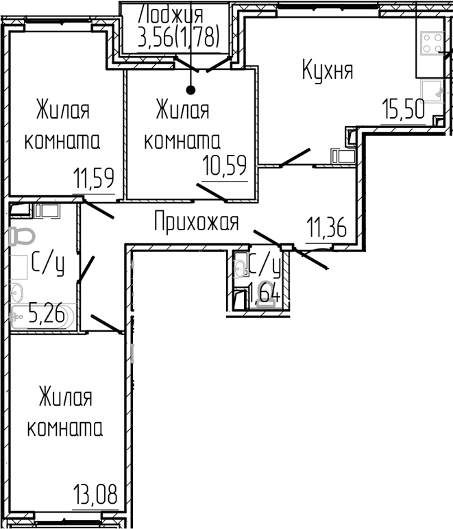 3-комнатная квартира 70.8 м², 2/8 эт., ЖК «SERTOLOVO PARK»